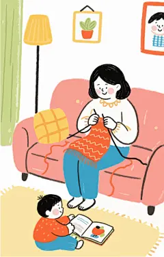 卡通居家织毛衣温馨时光