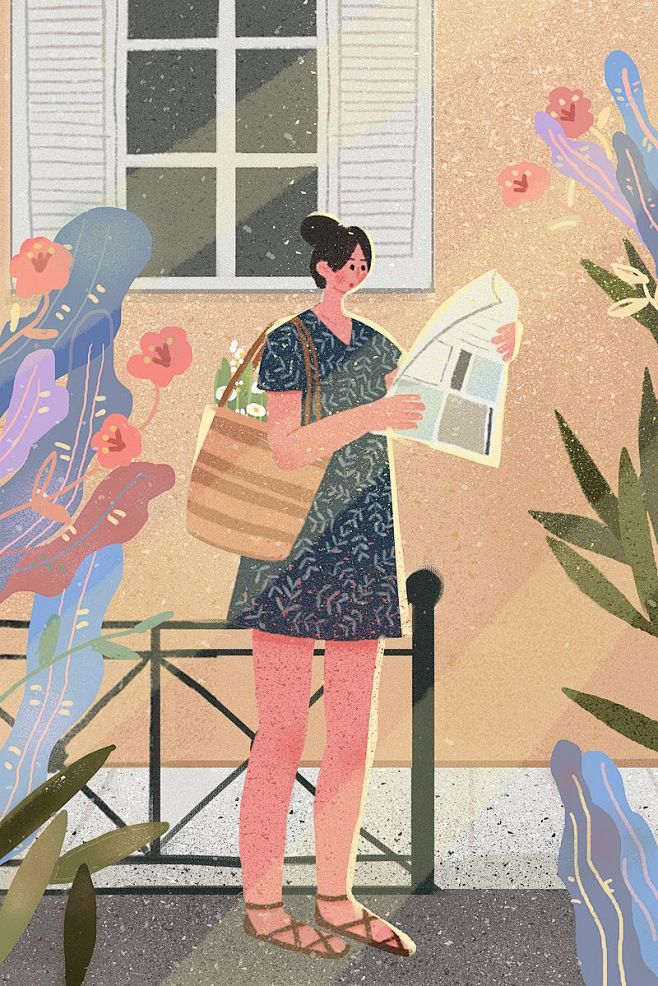 38妇女节少妇花朵看报纸街道卡通扁平插画