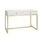 This lovely desk features a gold leaf base with a white lacquer top. The desk features two drawers, which are on glides. It measures 48”W X 24”D X 32”H. Click on image for greater detail.  Designers,