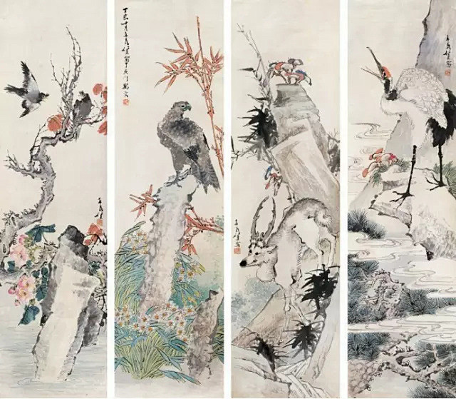 海上画派四任之一任薰寿禄登科四屏丁亥1887年