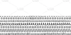 黑色涂鸦无缝矢量边框。种族和部落主题。手绘的涂鸦笔画，线条，三角形重复的丝带。现代装饰的卡片，海报，