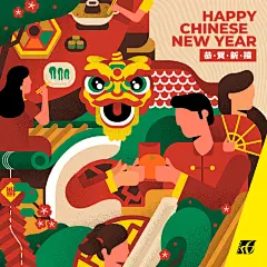 #灵感的诞生# 马来西亚设计师Two Third Theory Creative画了一组「各地人民喜迎新年」的群像，作为金屏电影院的节日贺卡设计每一张都能窥见各地代表性的民俗风情，图形层叠组合，可能这就是甲方喜欢的「饱满」吧！ ​​​​