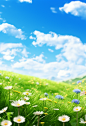 the green grass of the meadow against a blue sky, in the style of whimsical anime, 32k uhd, flower and nature motifs, realistic and hyper-detailed renderings, pastoral charm, soft and dreamy atmosphere