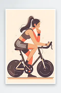 AI单车卡通健身房运动锻炼动感单车人物插画