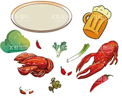 龙虾  - 源文件下载【酷图网】小龙虾,啤酒,辣椒,大葱,香菜,盘子,免扣素材,麻辣,红辣椒,小尖椒,香葱,手绘