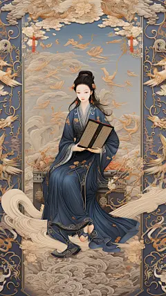 以一本打开的书为主题，书页如波浪般流动，封面上身着传统汉服的人物手持书写工具或书籍。背景上点缀着书法图案，营造出梦幻般的氛围。复杂的细节和细腻的质感，彰显了古老