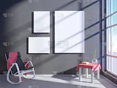 现代明亮的室内与空框架。3D渲染3D插画房间，斯堪的纳维亚，沙发，空间，上，墙，白色