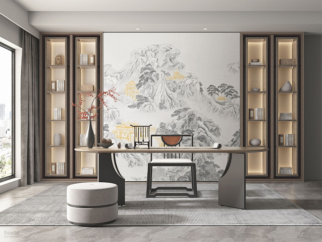 中式 山 建筑 楼阁 树 刺绣 室内软装装修设计 壁画 墙布 壁纸 墙画 电视床头客厅背景墙 卧室 别墅 酒店
