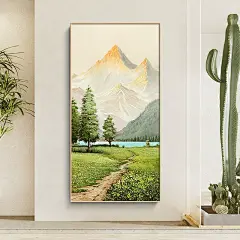 日照金山玄关装饰画走廊过道挂画原木山水风景画竖版手绘油画壁画-tmall.com天猫