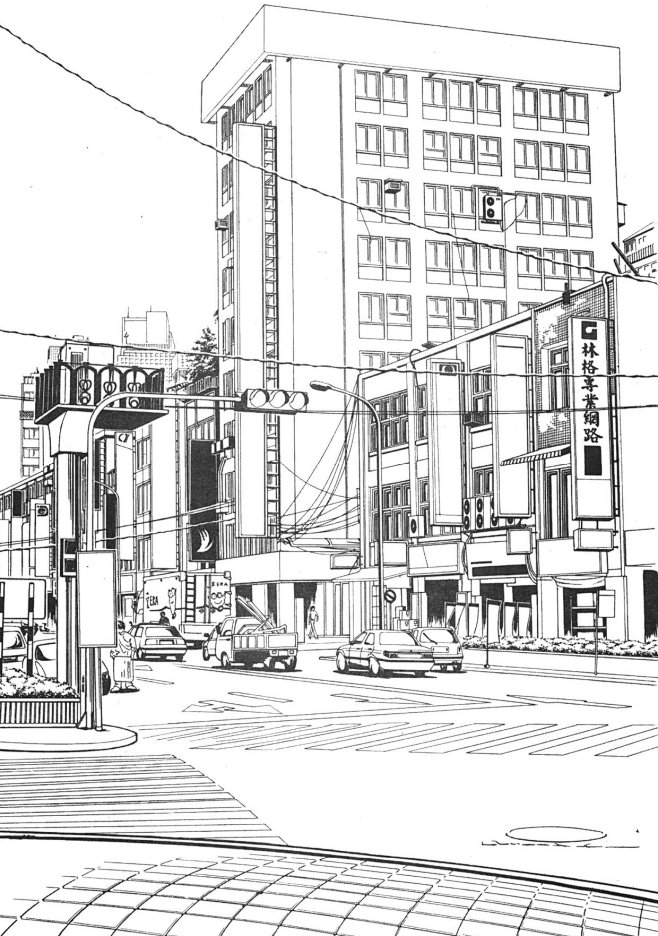 现代建筑场景线稿图片 黑白CG二次元漫画...