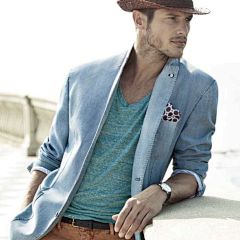 Make a light blue denim blazer and khaki chinos your outfit choice for drinks after work. Shop this look for $343: http://lookastic.com/men/looks/chinos-and-pocket-square-and-blazer-and-v-neck-t-shirt-and-belt-and-hat/665 — Khaki Chinos — Brown Polka Dot 