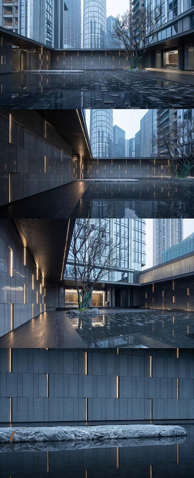 万科·锦绣滨江 我们在中庭空间里，用暗色调的铺装和墙面，线性灯光序列布局，延伸水庭空间尺度 江岸亘古，潮涨潮落，滩涂的记忆深刻在每一个重庆人的 ...