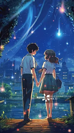 星空下情侣牵手唯美夜景图片素材