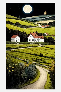 数字艺术风景乡村插画装饰画乡村夜景插画-众图网
