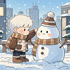 简笔画，可爱插画，韩国插画，一个白发小男孩，男孩脖子上围着咖啡色围巾，身上穿着毛绒外套，他的对面是一个和他一样高的雪人，他摸着雪人的头顶，背景是雪地，远处高楼林立，干净明快，壁纸插画，线条圆润，粗线条，简笔画，超粗线条