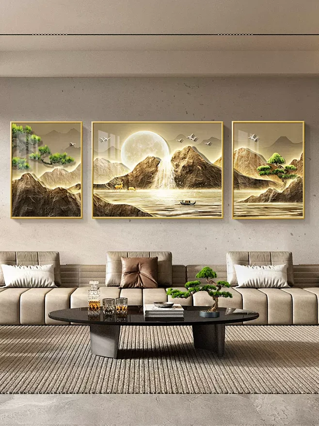 山水画客厅装饰挂画现代轻奢流水生财沙发背景墙壁画高级感三联画-tmall.com天猫图片_客厅图片素材-花瓣网