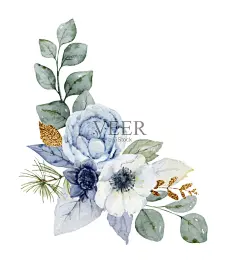 灰蓝色的冬季水彩花束图片-商业图片-正版原创图片下载购买-VEER图片库