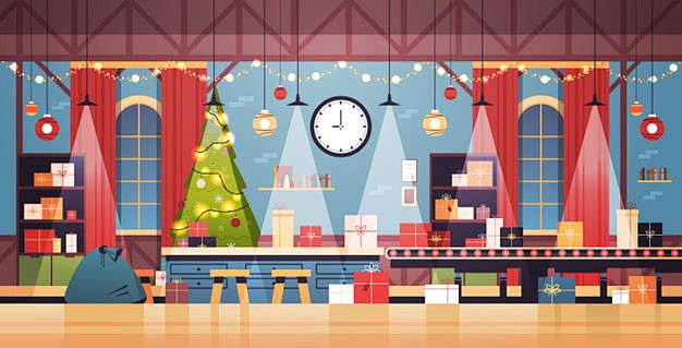 圣诞节工厂与礼物室内场景插画矢量图素材