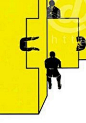 如1987年在《福田繁雄招贴展》的招贴设计中，福田将静止坐在台前的人的四个不同视角的状态，表现于同一画面，用单纯的线、面造成空间的穿插，大面积的黄色与人物黑色剪影对比，使整个画面产生强烈的视觉效果。这种空间意识的模糊，在视觉表现上具有多重意义的特性。