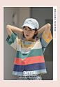 迪悠2019夏季新款原宿风ins潮韩版宽松圆领彩虹拼接条纹短袖T恤女-