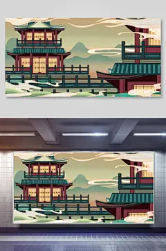 创意时尚高楼云雾国潮建筑古迹插画