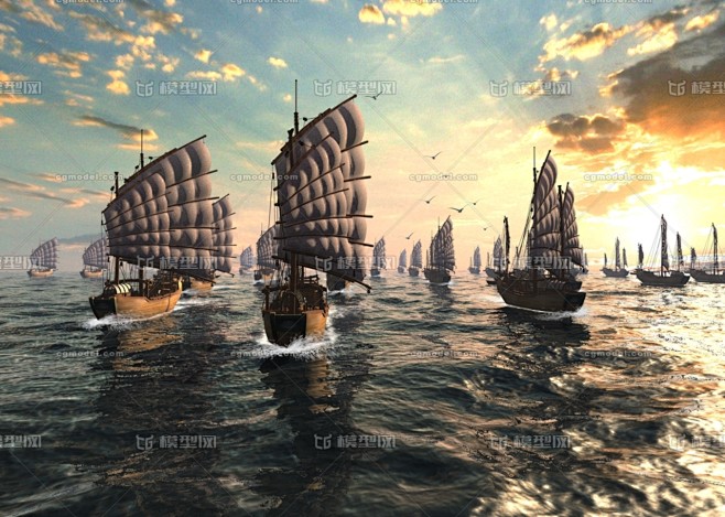写实古代海船航行场景，航海，海面，大海，古代船，帆船，古船，海船航行，max场景，CG，影视动画，片