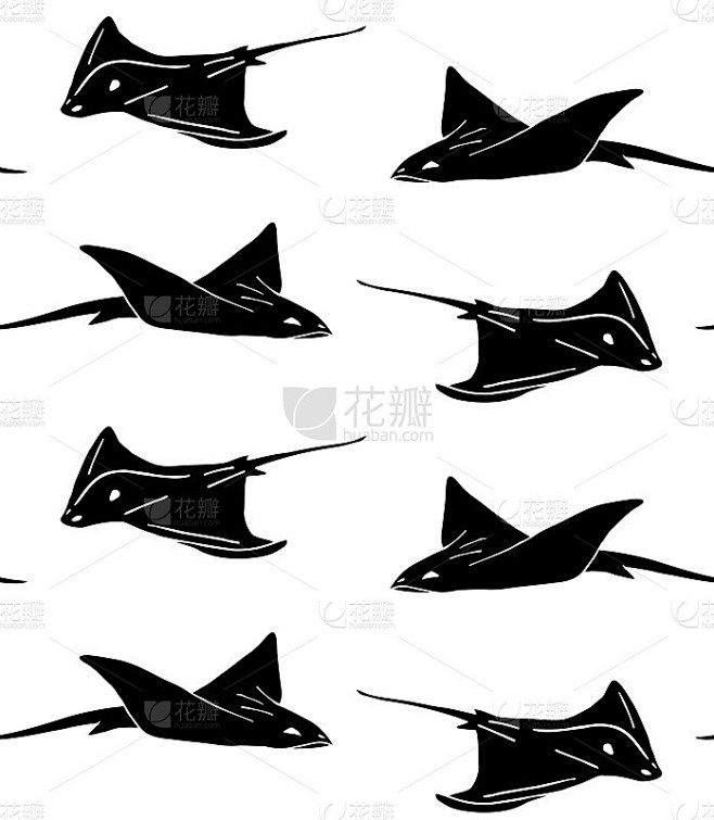 矢量无缝图案的手绘涂鸦素描黑鳐鱼魔鬼鱼