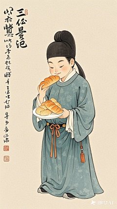 全景,水墨插画,极简主义，三头身，唐代男士插画,男士吃法式欧面包，现代人物与古风工笔画结合，画风细腻成熟，独特的风格，识别度高，人物讨喜又不失韵味，可爱的Q版唐代风俗画图，背景简洁，纯色背景。 (4)