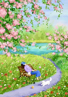 插画/樱花树下的午后|||春天就是如此的简单明媚，温暖的天气里，找一处喜欢的公园，抛开一些杂念和烦恼，静静的享受春日里的宁静和美好………
20°的春日PLOG 
治愈系漫画 插画分享 原创插画 20°的春日PLOG iPad画画 壁纸 
-王小提