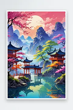 春天中传统山水画亭台楼阁新中式潮风格壁纸-众图网
