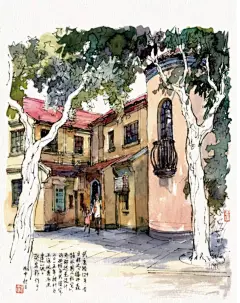 邬达克建筑风格、上海建筑风格、漫画、插画、街道风景、老上海