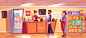 Convenience store with woman seller at counter and people in queue. Free Vector