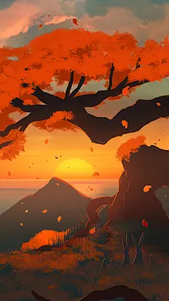 秋天 树叶 夕阳 大海 唯美风景 4k超清壁纸