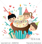 Happy First Birthday Candle and Kids Isolated on white. Vector illustration