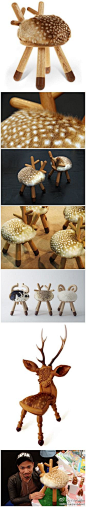 #小木头创意时间# 日本设计师Takeshi的职业首站是服装行业，后来成立kamina&c公司，开始探索家具设计。他设计的几个小动物形象（尤其是小鹿斑比）椅子，因其超萌的造型深受喜爱。他想通过设计来表现鹿躲藏在森林中静静凝视着人类的状态。其实，相较可爱和萌，设计师本人更强调的是产品中的幽默元素。