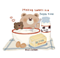 This may contain: a teddy bear sitting in a bowl with milk and butter