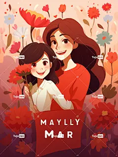 一张幸福的母女的海报，手里拿着美丽的鲜花，对着镜头幸福地微笑