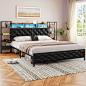 Amazon.com: DICTAC Queen Bed Frame with Storage Headboard and LED Lights Queen Size Metal Platform Bed with Charging Station and Bookshelf Queen Size Bed with Upholstered Headboard No Box Spring Needed,Black : Home & Kitchen