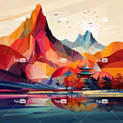 五颜六色的山亭子树与中国工艺红色黄色蓝山海报