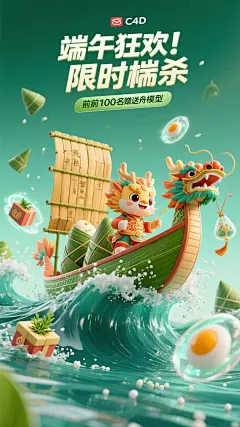C4D液体模拟技术，悬浮立体龙舟劈开粽叶浪潮，船首立着国潮麒麟IP，两侧漂浮3D咸蛋礼盒、艾草光效、全息香囊阵列，背景青绿渐变叠加水波纹光效，主标题「端午狂欢 限时秒杀」采用竹简展开动态字体，侧边滚动副标题「前100名赠龙舟模型」，主体浪花飞溅出糯米粒子特效视觉比例「9:16]