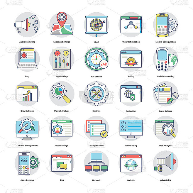 数字和网络营销平面图标的收集