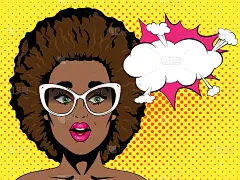 惊讶的非洲女人与开放的嘴和非洲发型在眼镜和讲话泡沫。波普艺术复古漫画风格。