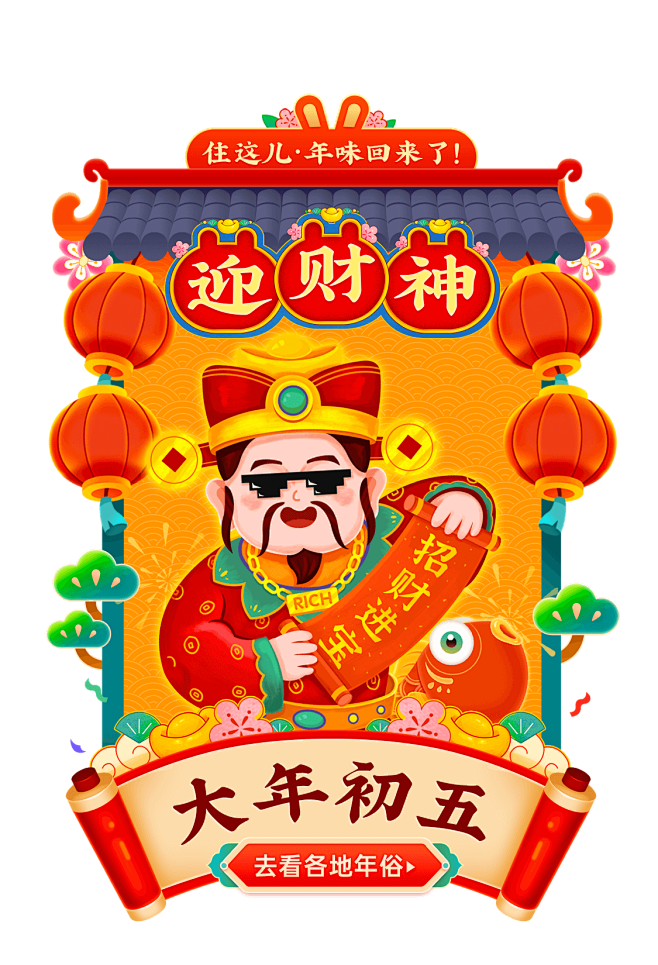 年俗卡片-大年初五-迎财神