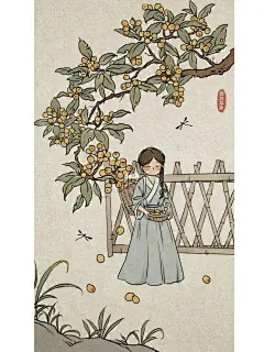 插画打卡|day9 国风插画分享| 附线稿⛅️ : “东园载酒西园醉，摘尽枇杷一树金” 今天画的是我向往的田园生活～ . 尺寸；1920×1080 工具：手绘板wacom （原创插画 商用.二改）   .   原创插画|国风插画|中国风|古风|