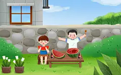 手绘炎热的夏天和小伙伴在院子里一起吃西瓜和汽水夏天原创插画素材