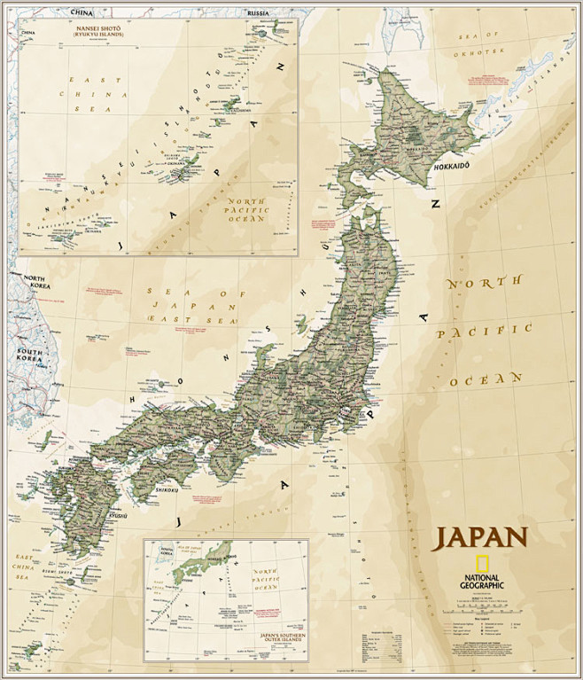 美国国家地理版日本仿古地图 装饰画壁画挂...