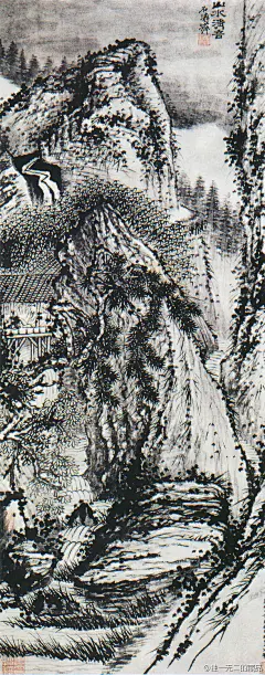 清 石涛 山水清音图：纸本水墨，纵102.5cm，横42.4cm，藏于上海博物馆。画面左下角钤“搜尽奇峰打草稿”，这是石涛画论中的名句。此图描绘山川茂密，林壑幽深，有两位雅士坐于溪涧茅舍，相对无言，会心微笑，似在倾听山间松风的回响、冷泉的幽咽。在苍逸的笔致氤氲的墨气中，山川的动人清趣已被托出。