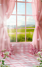 a beautiful photo of pink checkered walls and ruffled pink curtains and a field, in the style of hyper-realistic water, cartoon mis-en-scene, tranquil serenity, 3840x2160, delicate washes, cute cartoonish designs, ferrania p30
