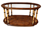 Drexel Burlwood &  Brass Cocktail Table : A beautiful burlwood and brass cocktail table from Drexel Furniture. The table features a traditional pie crust glass top, that looks through to glossy burl wood base. Faux brass bamboo pillars...