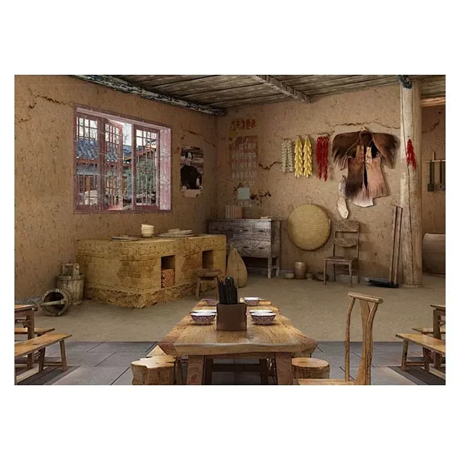 3D立体农村厨房墙纸复古怀旧土房子灶台厨具直播背景墙农家乐壁纸-tmall.com天猫-花瓣网